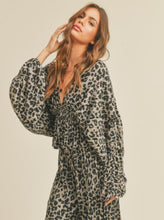 Load image into Gallery viewer, Satin deep V grey leopard balloon sleeve blouse
