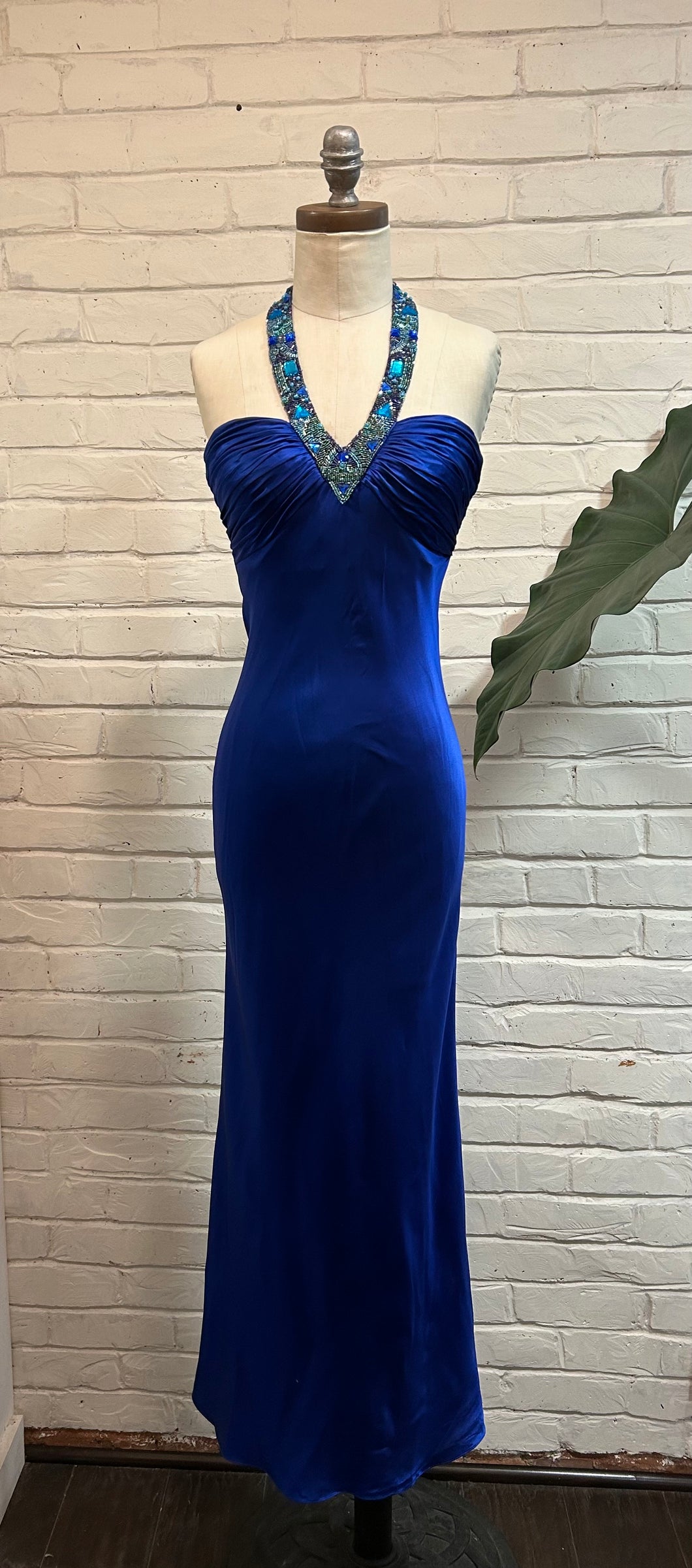 Y2K Vintage Royal Blue Halter Silk Dress