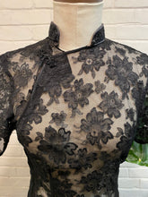 Load image into Gallery viewer, 1950’s Vintage Silk Black Lace Cheongsam Dress
