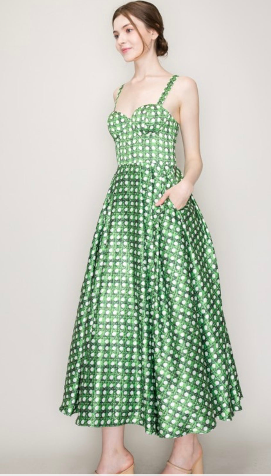 Green trellis tea garden print bustier flare midi dress
