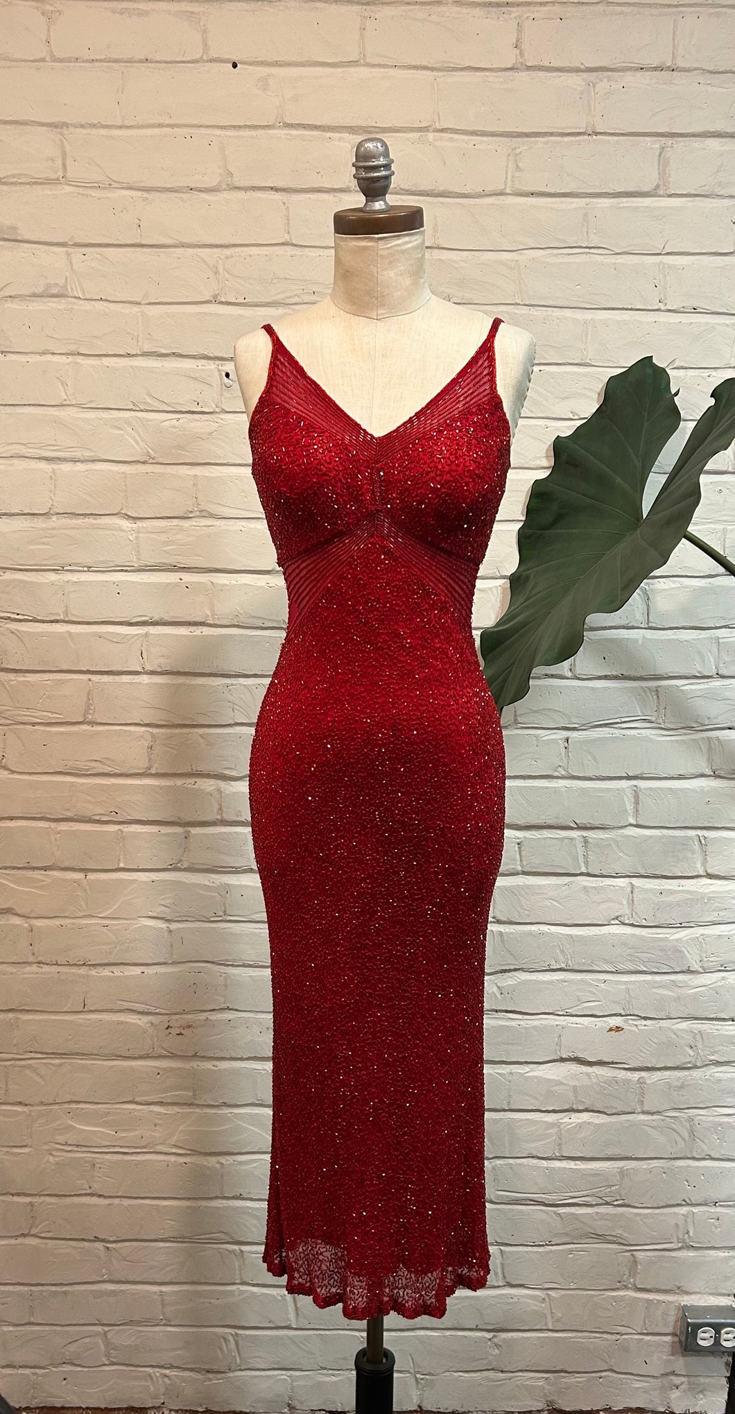 1990’s Vintage Red Silk Beaded Gown