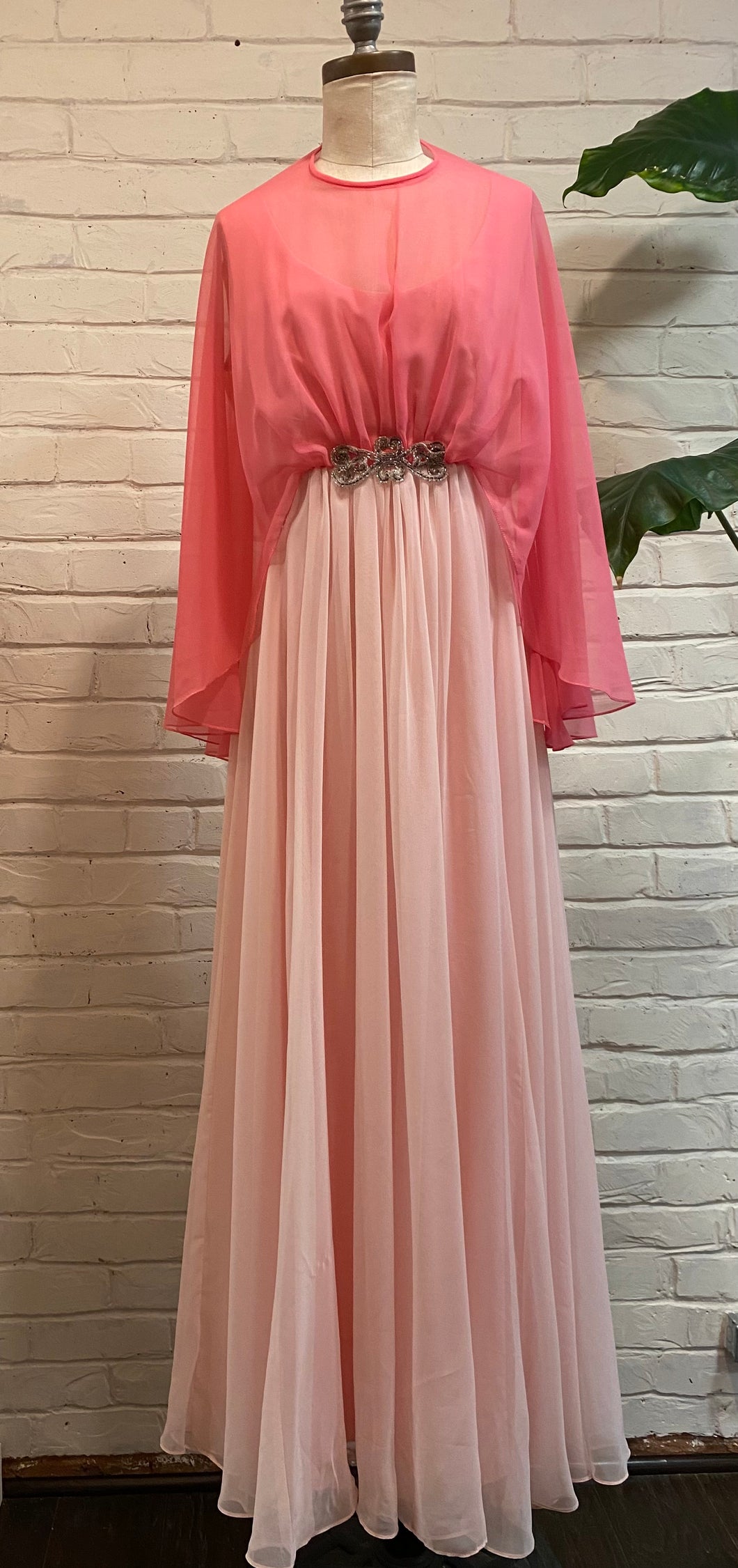 1960’s Vintage Chiffon Pink Maxi cape Dress