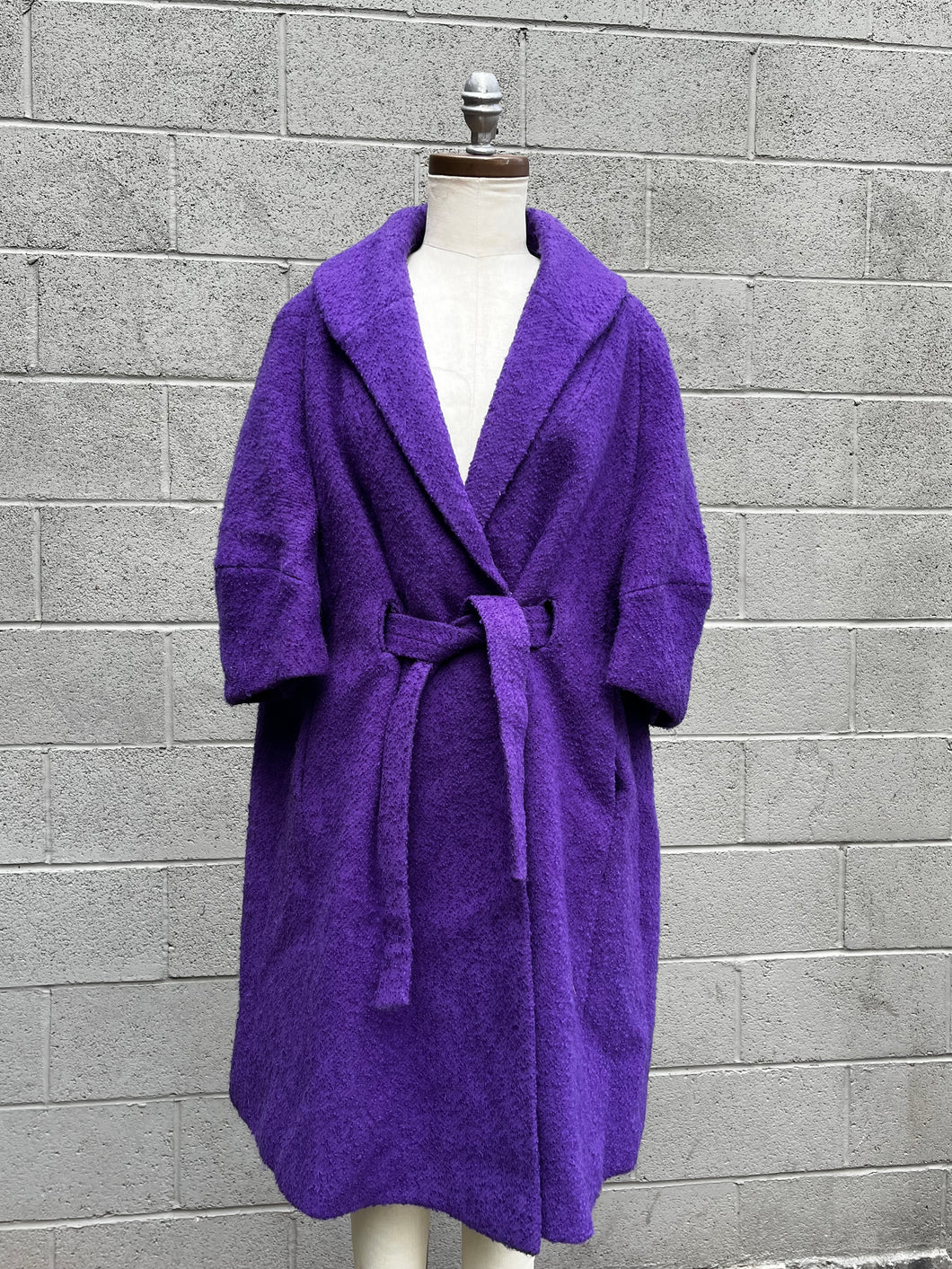 Royal purple curly knit wool swing coat by Petluck’s