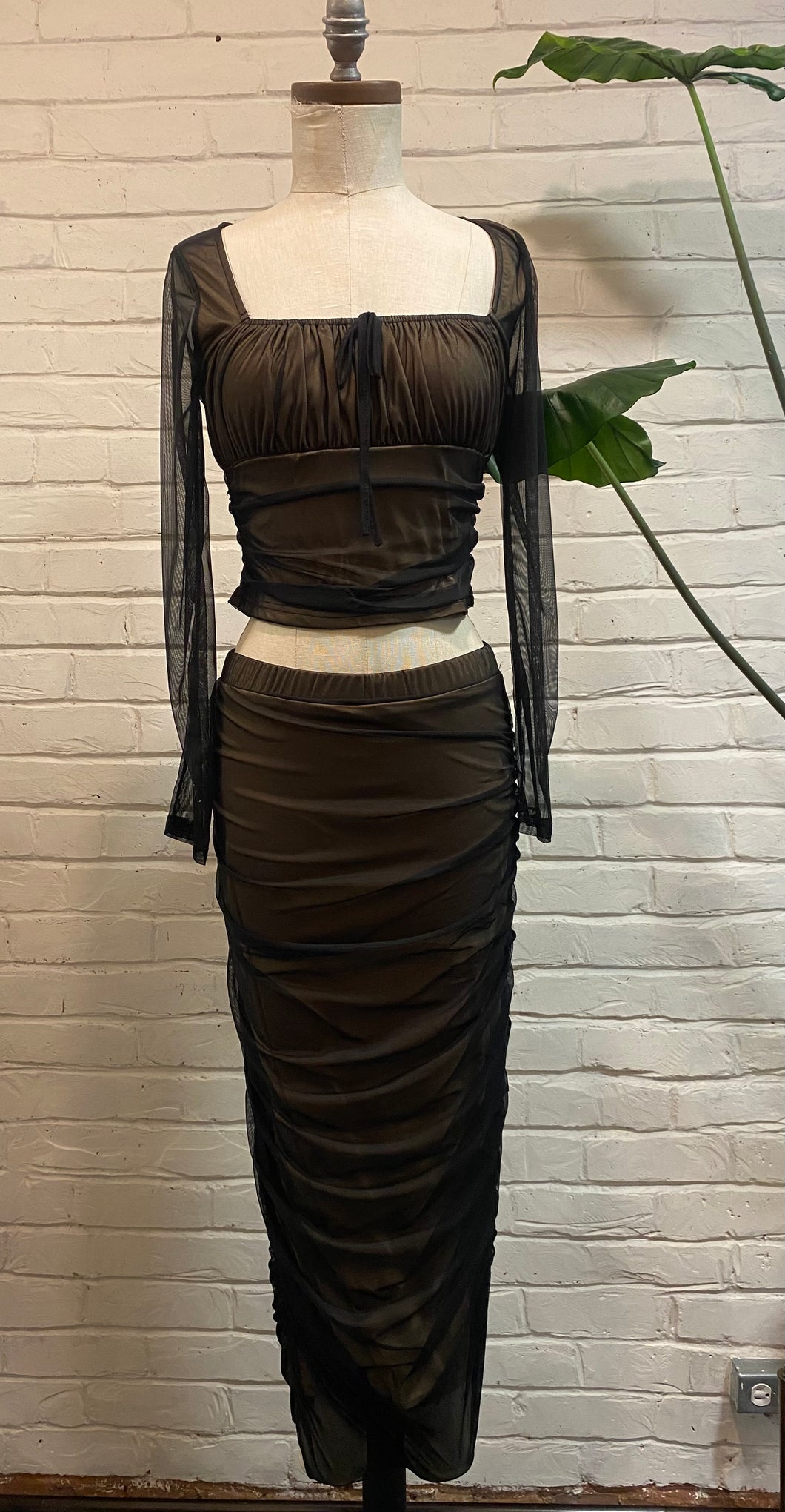 Square neck black mesh top and skirt maxi dress set