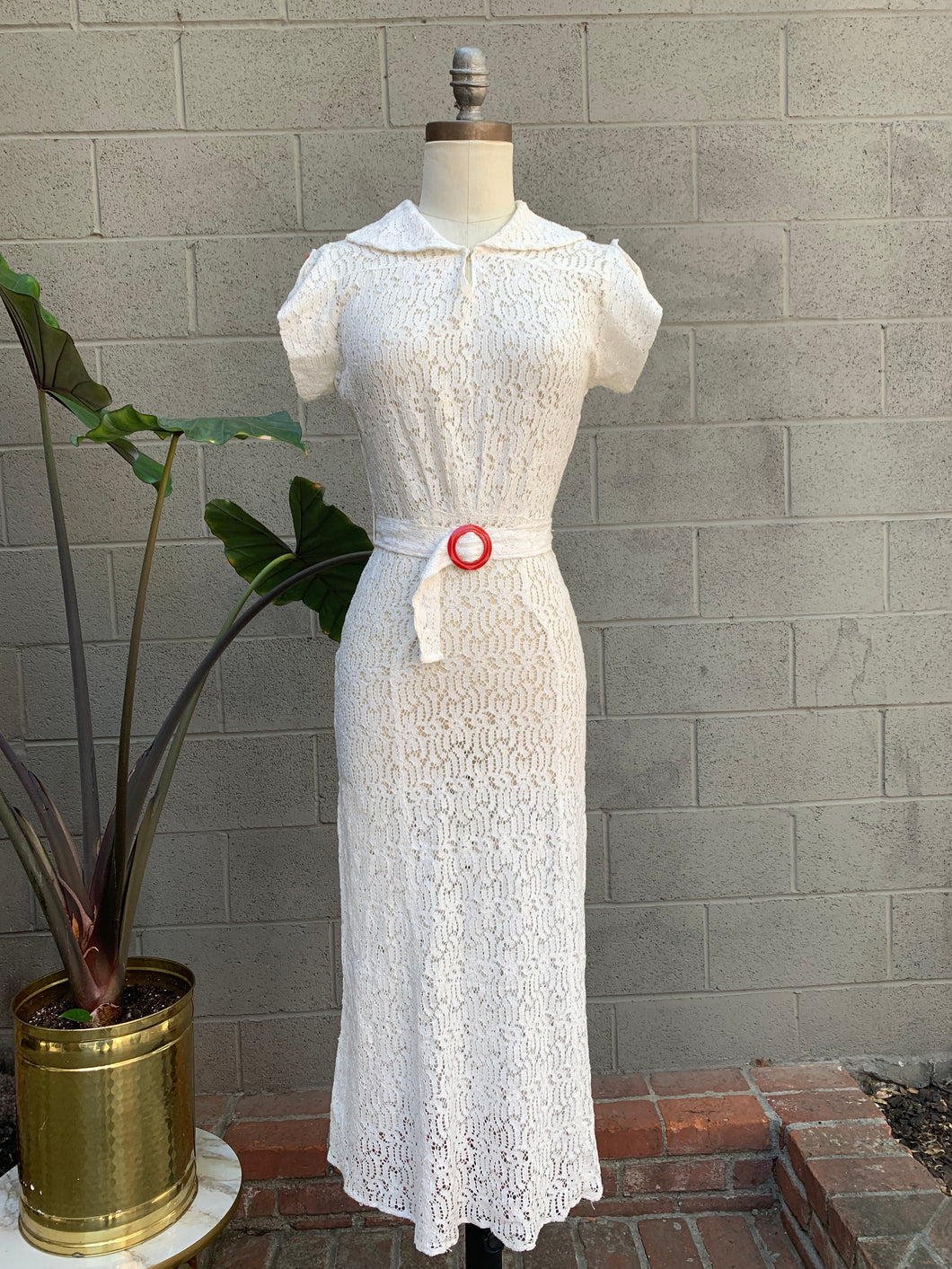 1940’s woven lace midi dress with red Bakelite buttons