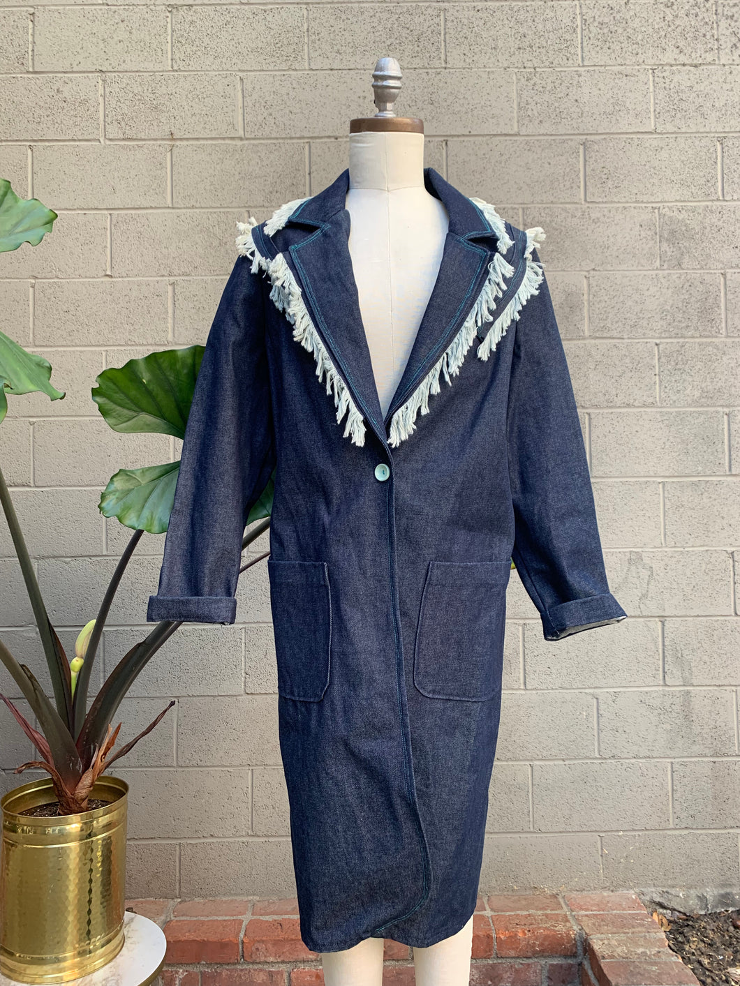 1970’s fringe dark blue denim midi jacket