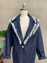 Load image into Gallery viewer, 1970’s fringe dark blue denim midi jacket

